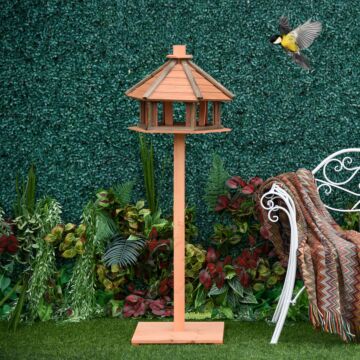 Pawhut Wooden Bird Feeder Bird Table Bird House Playstand With Water-resistant Roof 130cm For Outside Use Brown