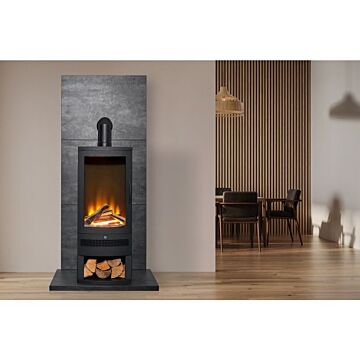 Acantha Tile & Hearth Set In Slate Effect With Horizon Stove & Log Storage