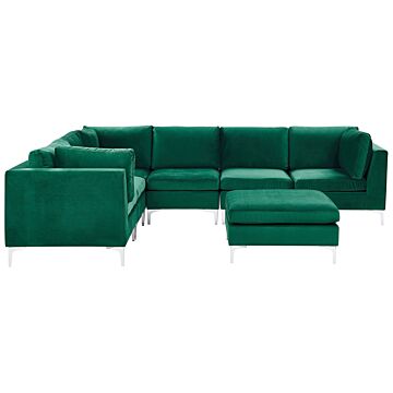 Right Hand Modular Corner Sofa Green Velvet 6 Seater With Ottoman L-shaped Silver Metal Legs Glamour Style Beliani