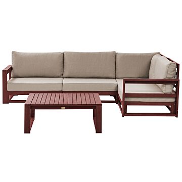 Garden Corner Sofa Set Mahogany Brown And Taupe Acacia Wood Outdoor Left Hand 4 Seater With Coffee Table Cushions Modern Design Beliani