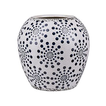 Flower Vase White And Blue Stoneware Distressed Look Dot Pattern Waterproof Retro Design Beliani