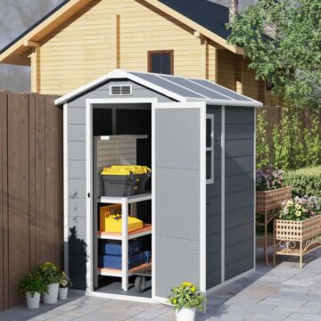 Outsunny 4 X 6ft Garden Shed, Plastic Shed With Floor, Window, Lockable Door And Vents, Resin Tool Shed For Outdoor Patio, Grey