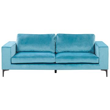 Sofa Light Blue Velvet Fabric Upholstered 3 Seater With Track Arms Black Metal Legs Modern Living Room Beliani