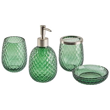 4-piece Bathroom Accessories Set Green Glass Glam Soap Dispenser Soap Dish Toothrbrush Holder Cup Beliani