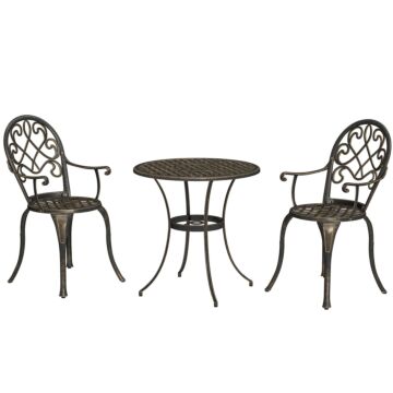 Outsunny 3 Piece Patio Bistro Set For 2, Outdoor Aluminium Garden Table And Chairs With Adjustable Footpads For Balcony, Garden And Patio, Bronze Tone