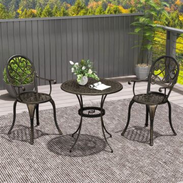 Outsunny 3 Piece Patio Bistro Set For 2, Outdoor Aluminium Garden Table And Chairs With Adjustable Footpads For Balcony, Garden And Patio, Bronze Tone