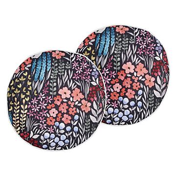 Set Of 2 Outdoor Cushions Multicolour Polyester ⌀ 40 Cm Round Floral Print Pattern Scatter Pillow Garden Patio Beliani