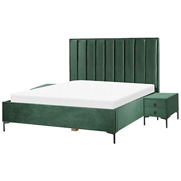 Bedroom Set Dark Green Velvet Eu Super King Size 6ft Bed With Storage 2 Bedside Tables Upholstered Beliani