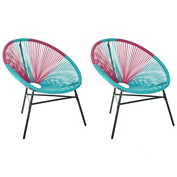 Set Of 2 Garden Chairs Blue With Pink Pe Rattan Papasan Modern Beliani