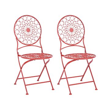 Set Of 2 Garden Bistro Chairs Red Iron Foldable Outdoor Uv Rust Resistance French Retro Style Beliani