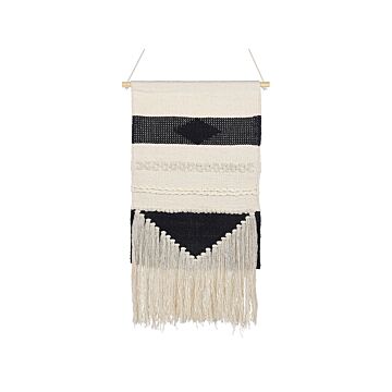 Wall Hanging Beige Cotton Handwoven With Tassels Geometric Pattern Wall Décor Hanging Decoration Boho Style Living Room Bedroom Beliani
