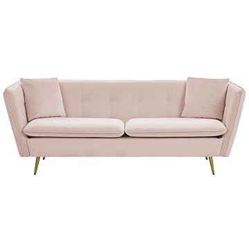 3 Seater Sofa Pink Velvet Fabric Upholstery Button Tufted With Gold Legs Beliani
