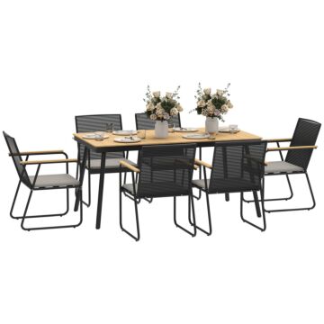 Outsunny 6 Seater Garden Dining Set With Soft Cushions, Rattan Backrest, Rectangular Plastic Top, Garden Furniture Set, Outdoor Dining Table And Chairs For Patio, Balcony, Poolside, Nature Wood Finish