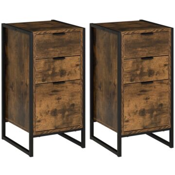 Homcom Bedroom Chest Of Drawers Set Of 2, Industrial 3-drawer Dresser, Storage Drawers Unit With Metal Frame For Living Room, Rustic Brown