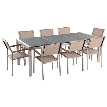 Garden Dining Set Beige With Grey Granite Table Top 8 Seats 220 X 100 Cm Beliani