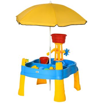 Homcom 2 In 1 Sand And Water Table W/ Accessories, Adjustable Parasol - Multicoloured
