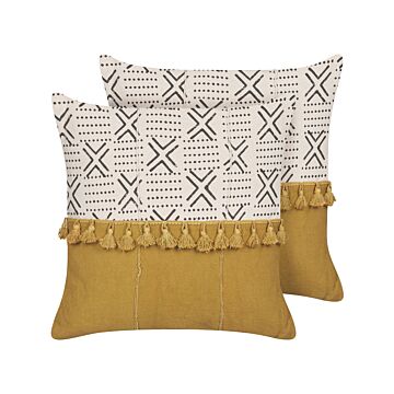 Set Of 2 Decorative Cushions White And Yellow Cotton 45 X 45 Cm Geometric Pattern Block Print Boho Decor Accessories Beliani