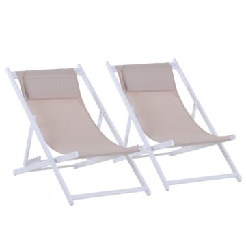 Outsunny Set Of 2 Folding Garden Beach Deck Chairs Deckchairs Seaside Folding Garden Patio Lounger, White