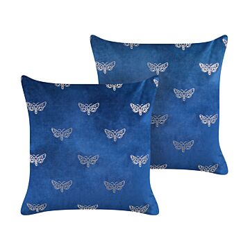 Set Of 2 Scatter Cushions Blue Velvet 45 X 45 Cm Throw Pillow Butterfly Pattern Removable Cover With Filling Beliani