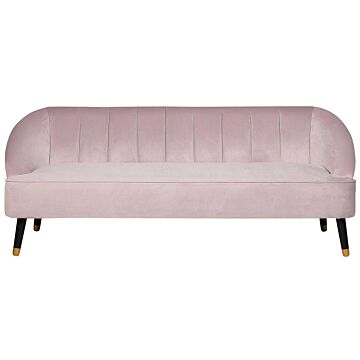 Sofa Pink Velvet 3 Seater Channel Back Recessed Arms Wooden Legs Beliani