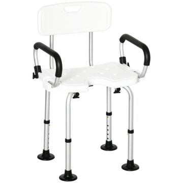 Homcom Shower Chair For The Elderly And Disabled, Height Adjustable Shower Stool With Back And Flipped Padded Arms, Suction Foot Pads, White