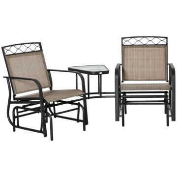 Outsunny Double Outdoor Glider Chair, 2 Seater Patio Rocking Chairs, Swing Bench W/ Tempered Glass Table, Mesh Fabric For Backyard, Garden, Brown