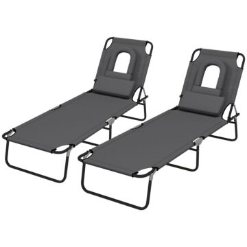 Outsunny Outdoor Foldable Sun Lounger Set Of 2, 4 Level Adjustable Backrest Reclining Sun Lounger Chair With Pillow And Reading Hole, Dark Grey