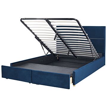Bed Frame Navy Blue Velvet Eu King Size 6ft With Storage And Drawers Glamour Modern Style Beliani