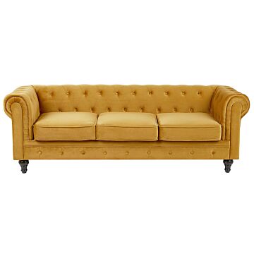 Chesterfield Sofa Mustard Yellow Velvet Fabric Upholstery Black Legs 3 Seater Beliani