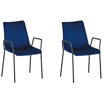 Set Of 2 Dinning Chairs Dark Blue Velvet With Armrests Stackable Dinning Room Office Conference Room Beliani