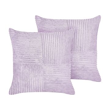 Set Of 2 Decorative Pillows Purple Corduroy 43 X 43 Cm Striped Pattern Modern Design Throw Cushions Beliani