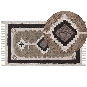 Area Rug Beige Cotton 80 X 150 Cm Tufted Traditional Abstract Pattern Tassels Living Room Bedroom Beliani