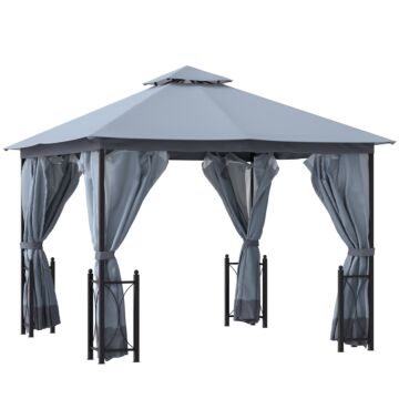 Outsunny 4 X 3.35(m) Patio Metal Gazebo Canopy Garden Tent Sun Shade, Outdoor Shelter With 2 Tier Roof, Netting And Curtains, Steel Frame, Grey