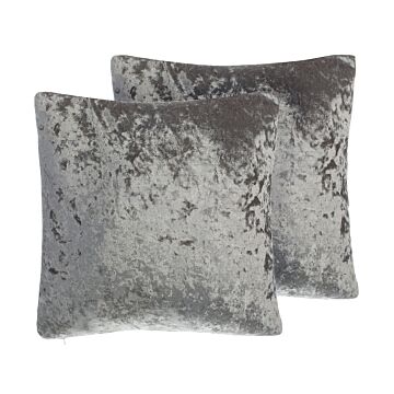 Set Of 2 Decorative Cushions Grey Velvet 45 X 45 Cm Plain Double Sided Glam Modern Beliani