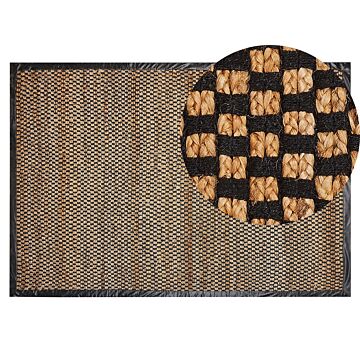Area Rug Black And Beige Jute Cotton Leather 140 X 200 Cm Rectangular Handwoven Carpet Checked Pattern Rustic Traditional Design Beliani