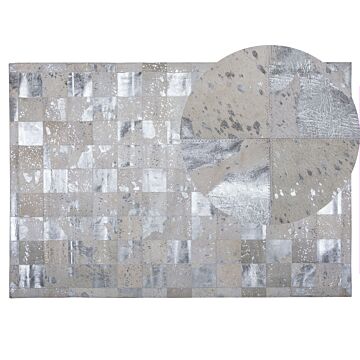Rug Beige And Silver Cowhide Leather 200 X 140 Cm Handcrafted Low Pile Modern Beliani