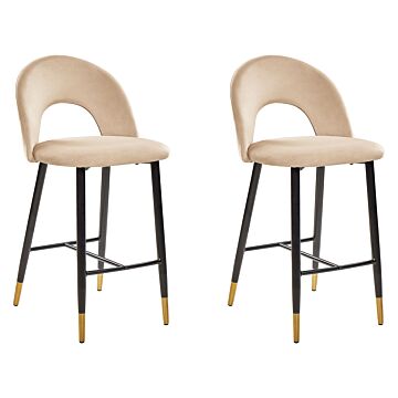 Set Of 2 Bar Chairs Coral Red Velvet Black Steel Retro Design Golden Ends Dining Room Beliani