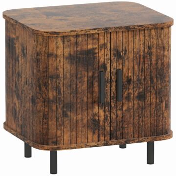 Homcom Bedside Table, Nordic Side Table With Roller Shutter Style Sliding Doors And Metal Legs For Bedroom, Living Room, Rustic Brown
