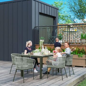 Outsunny Rattan Dining Set, 6 Seater Rattan Garden Furniture Set With Acacia Wood Top Rectangle Table, 6 Chairs, Washable Seat Cushions, For Outdoor, Patio, Conservatory, Grey