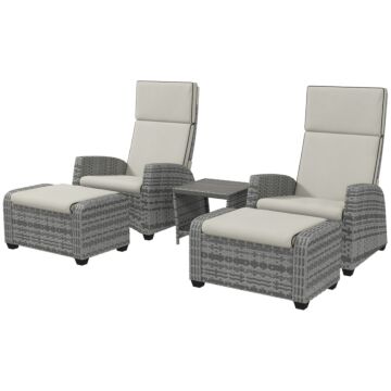 Outsunny 5-piece Rattan Patio Reclining Chair Set With Footstools, Coffee Table, Cushions, For Outdoor Garden, Grey