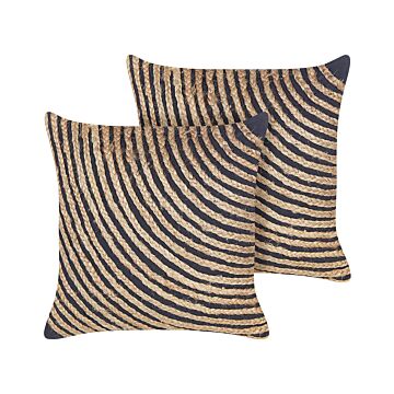2 Decorative Cushions Beige And Black Cotton 45 X 45 Cm Braided Jute Boho Decor Accessories Beliani