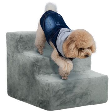 Pawhut Three-step Dog Stairs, With Washable Plush Cover, For High Bed Sofa, Dog Stairs For Small Dog And Cat - Light Grey