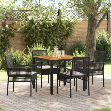 Vidaxl 5 Piece Garden Dining Set With Cushions Black Poly Rattan