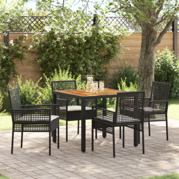 Vidaxl 5 Piece Garden Dining Set With Cushions Black Poly Rattan
