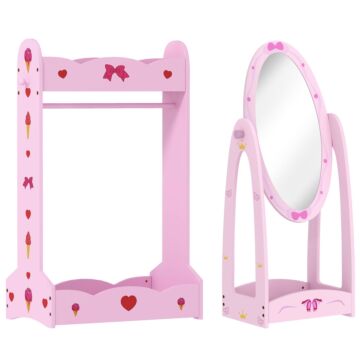Aiyaplay Kids Clothes Rail, Kids Dressing Mirror With 360° Rotating, 2 Piece Kids Furniture Set With Storage Shelves, Pink