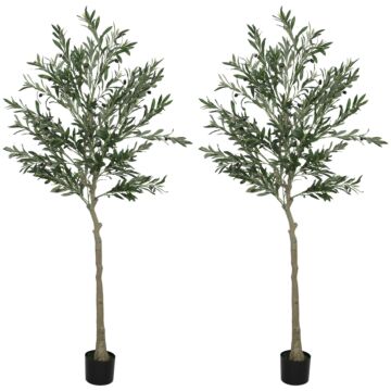 Homcom Set Of 2 6ft/ 180cm Decorative Artificial Plant, Silk Olive Tree With 900 Leaves And 40 Olive Fruits In Pot, Fake Plant For Home, Office, Living Room, Indoor Decor