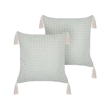 Set Of 2 Scatter Cushions Mint Green 42 X 42 Cm Throw Pillow Geometric Pattern Tassels Removable Cover With Filling Beliani