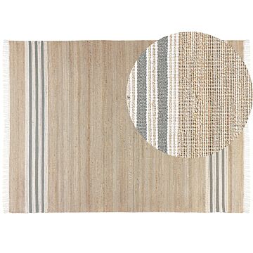 Area Rug Beige And Grey Jute 160 X 230 Cm Rectangular Dhurrie With Tassels Striped Pattern Handwoven Boho Style Hallway Beliani