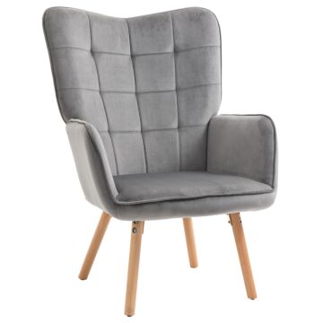 Homcom Modern Accent Chair Velvet-touch Tufted Wingback Armchair Upholstered Leisure Lounge Sofa Club Chair With Wood Legs, Grey