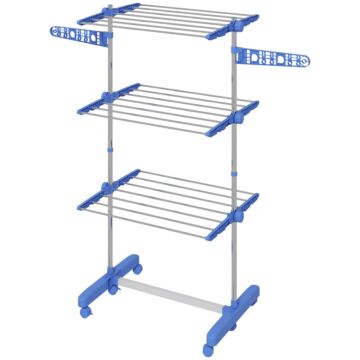 Homcom 3-tier Clothes Airer, Foldable Clothes Drying Rack, Stainless Steel Indoor And Outdoor Clothes Dryer With Wheels And Wings, Easy Assembly, 142 X 55 X 152cm, Blue
